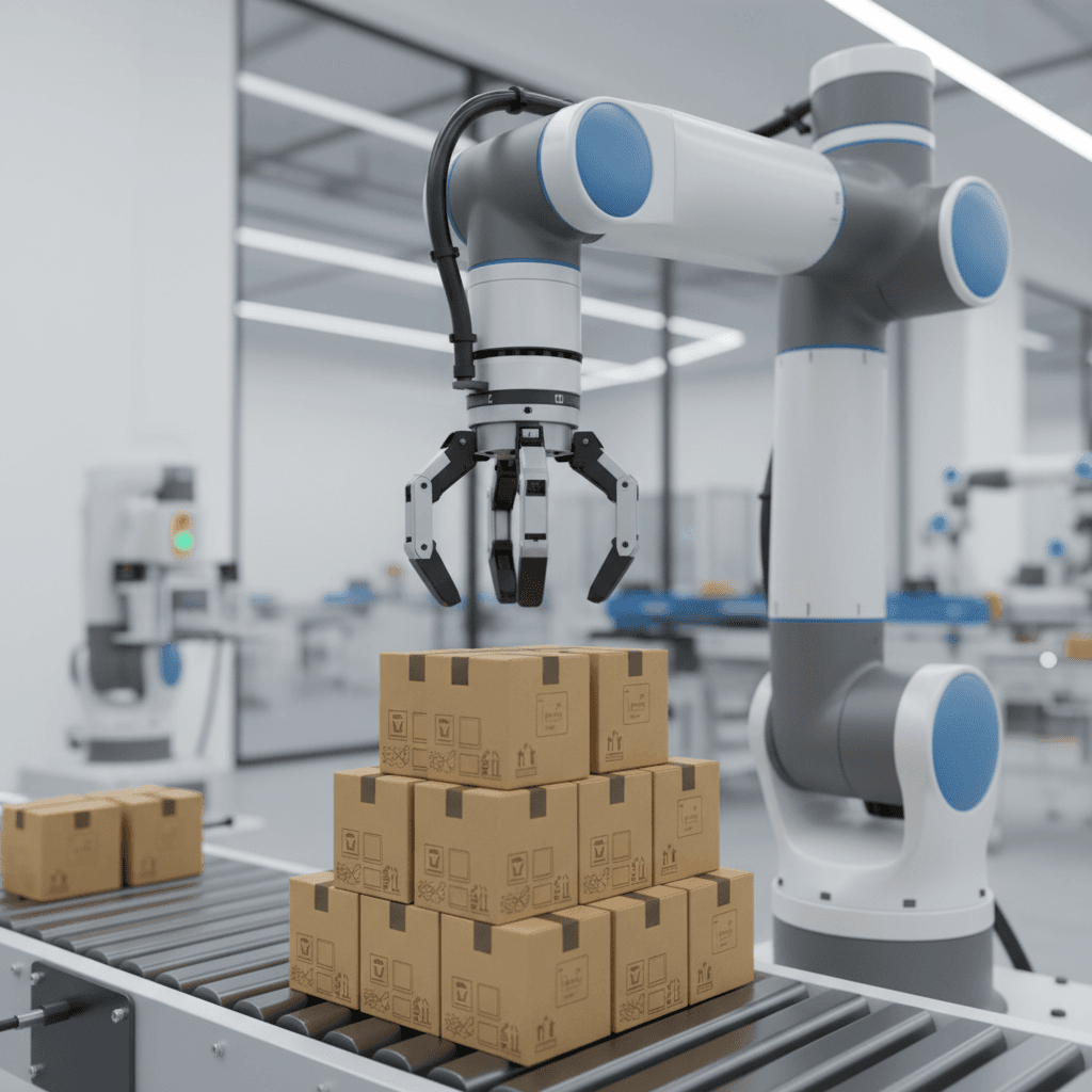 Close up of collaborative robot arm with gripper stacking packages