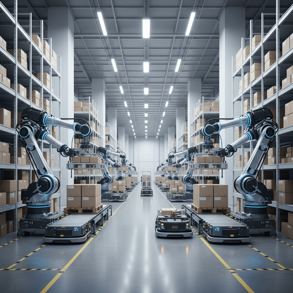 Modern automated warehouse with robotic palletizing systems