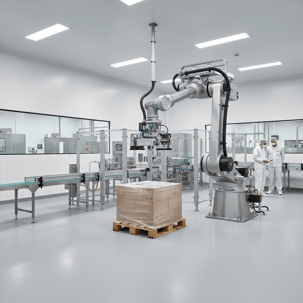 Robotic palletizer in a food and beverage production facility