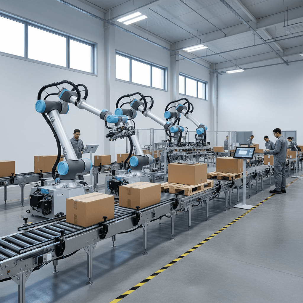 Cobot palletizer integrated into conveyor belt system on factory floor